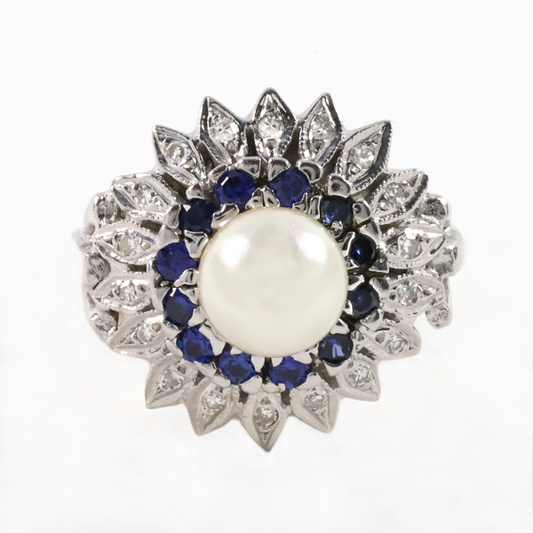 Inel Cu Diamante, Perla & Safir de Ceylon din Aur Alb 14k