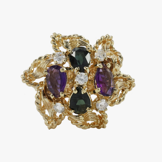 Inel De Diamante, Ametist & Turmalină din Aur Galben 14k
