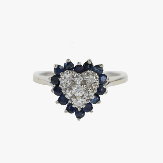 Inel cu Diamante & Inima de Safir din Aur Alb 14k