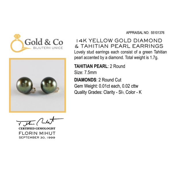 Cercei cu Diamante & Perlă Tahitiană din Aur Galben 14k