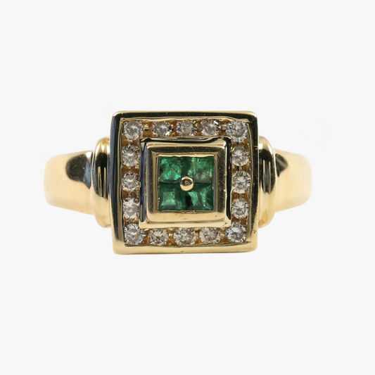 Inel Cu Diamante și Smarald din Aur Galben 14k