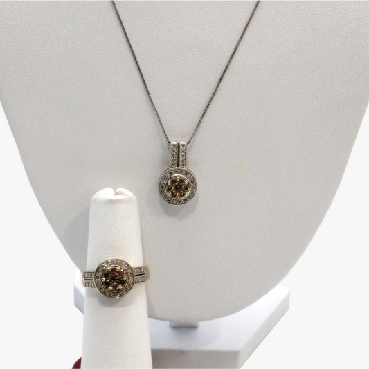 Inel Si Colier cu Diamante din Alb Aur 14k