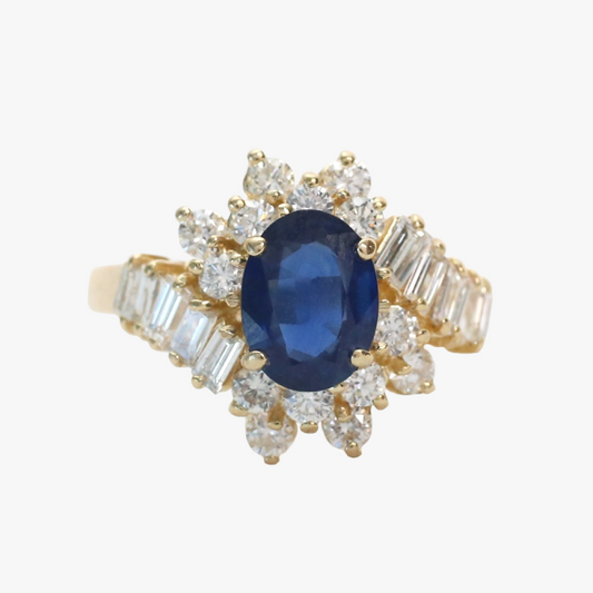 Inel Cocktail cu Safire Și Diamante din Aur Galben 14k
