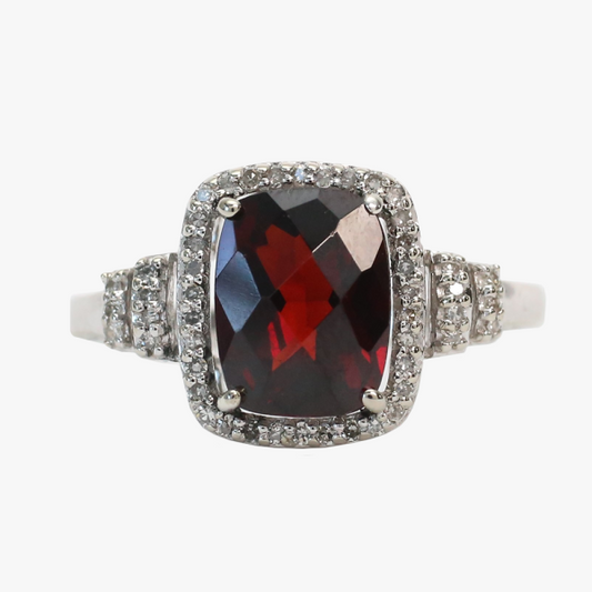 Inel cu Granat Și Diamante din Aur Alb 14k