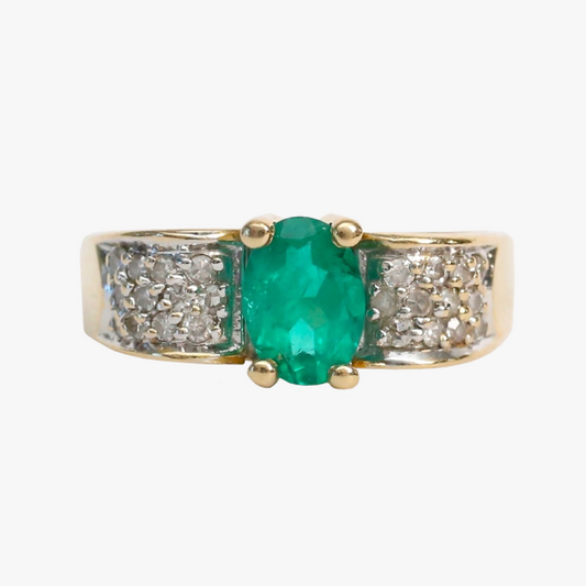 Inel cu Smarald Și Diamante din Aur Galben 14k