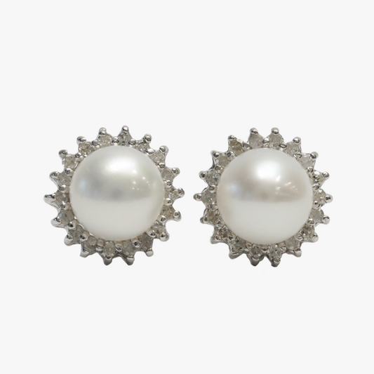 Cercei cu Perle & Diamante din Aur Alb 14k