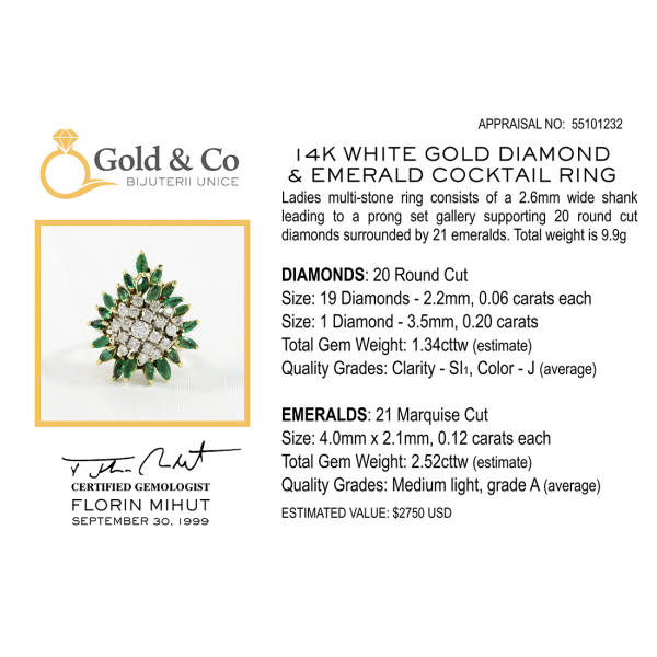 Inel Cocktail Cu Diamante Și Smaralde din Aur Galben 14k