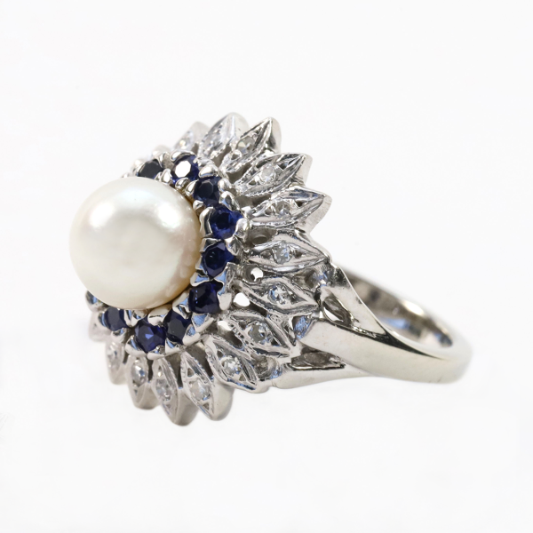 Inel Cu Diamante, Perla & Safir de Ceylon din Aur Alb 14k
