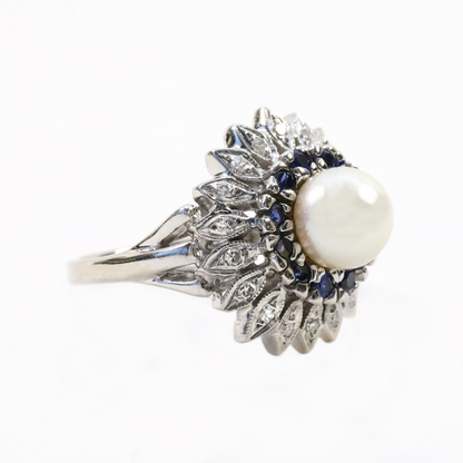 Inel Cu Diamante, Perla & Safir de Ceylon din Aur Alb 14k