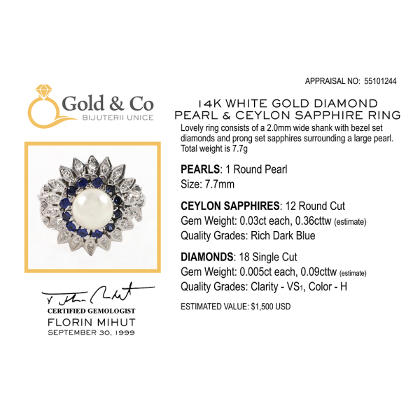 Inel Cu Diamante, Perla & Safir de Ceylon din Aur Alb 14k