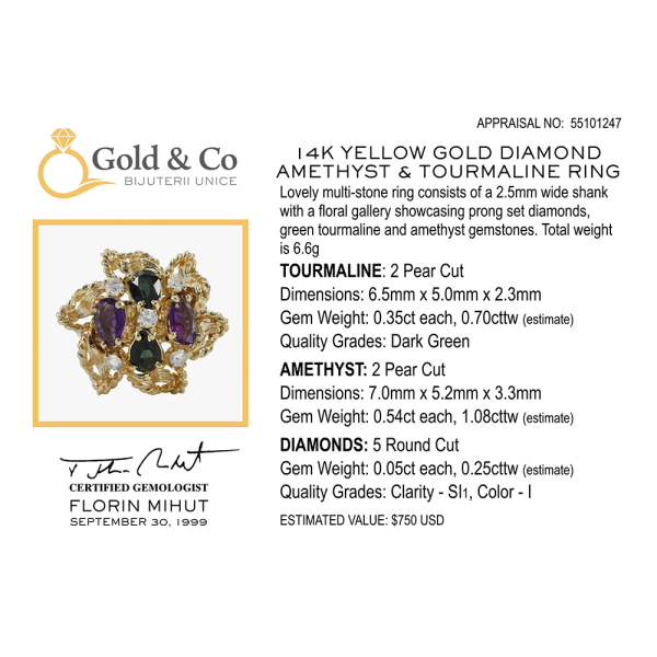 Inel De Diamante, Ametist & Turmalină din Aur Galben 14k