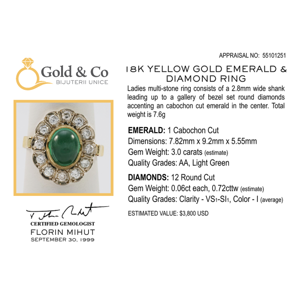Inel Cu Diamante & Smarald din Aur Galben 18k