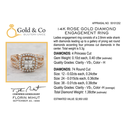 Inel Logodnă cu Diamante din Aur Roz 14k