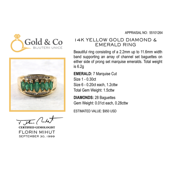 Inel Cu Diamante & Smarald din Aur Galben 14k