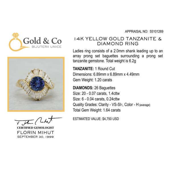 Inel cu Diamante & Tanzanit din Aur Galben 14k