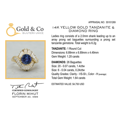 Inel cu Diamante & Tanzanit din Aur Galben 14k