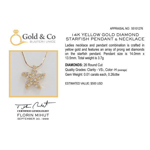 Colier & Pandantiv Stea de Mare cu Diamante din Aur Galben 14k
