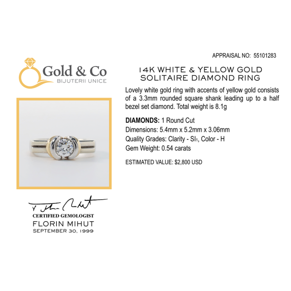 Inel cu Diamant Solitar din Aur Alb Și Galben 14k