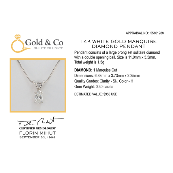 Pandantiv cu Diamant Marchiza din Aur Alb 14k