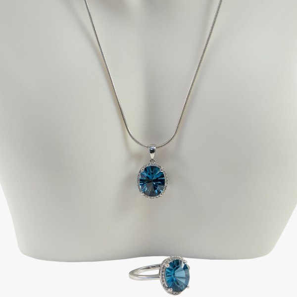 Set Colier & Inel cu Diamante & Topaz din Aur Alb 14k