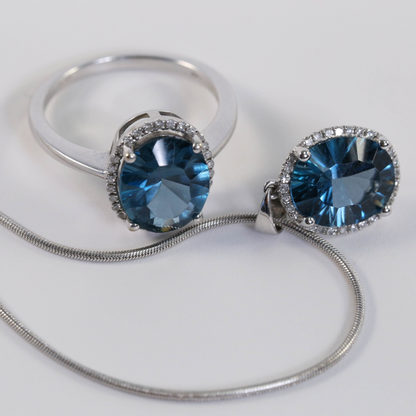 Set Colier & Inel cu Diamante & Topaz din Aur Alb 14k