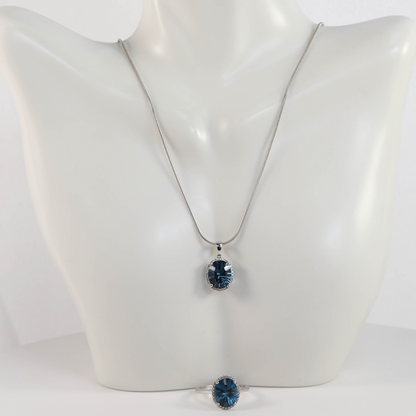 Set Colier & Inel cu Diamante & Topaz din Aur Alb 14k