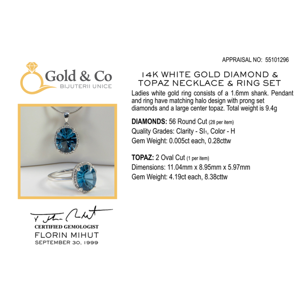 Set Colier & Inel cu Diamante & Topaz din Aur Alb 14k