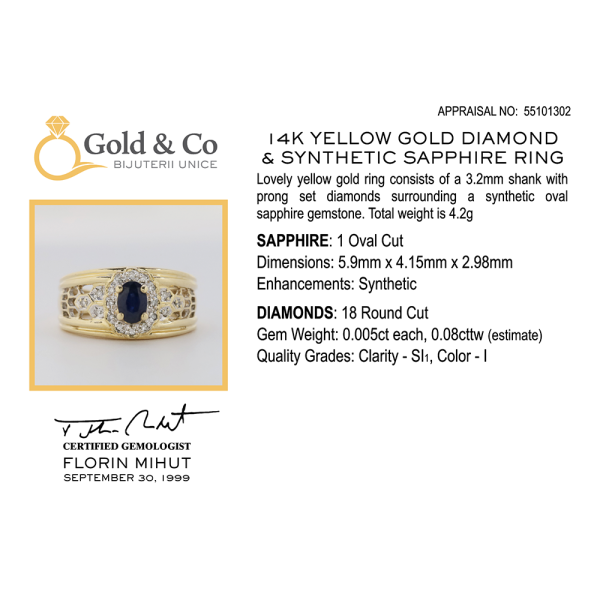 Inel cu Diamante & Safir Sintetic din Aur Galben 14k