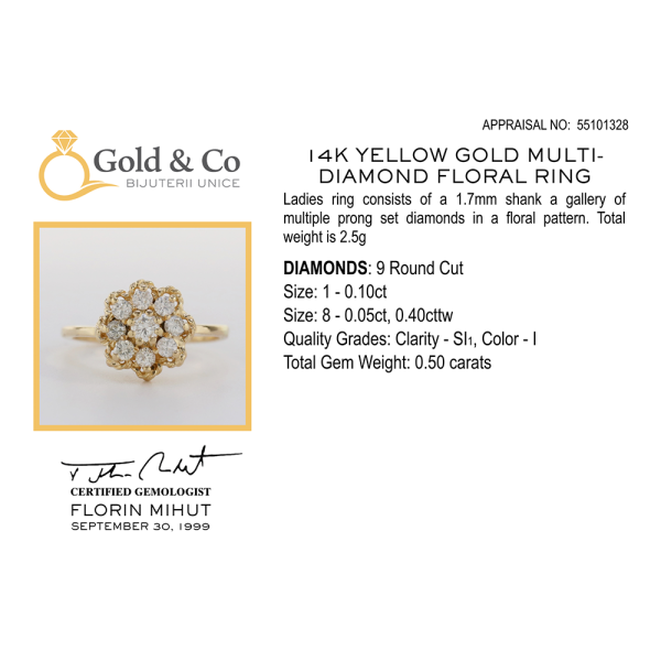 Inel Floare cu Diamante din Aur Galben 14k