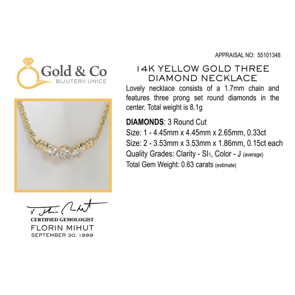 Colier cu Trei Diamante din Aur Galben 14k