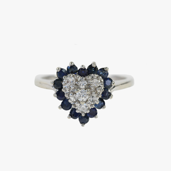Inel cu Diamante & Inima de Safir din Aur Alb 14k