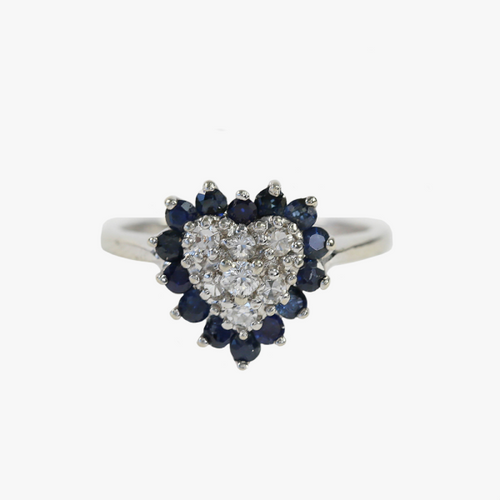 Inel cu Diamante & Inima de Safir din Aur Alb 14k