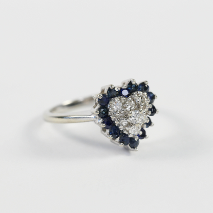 Inel cu Diamante & Inima de Safir din Aur Alb 14k