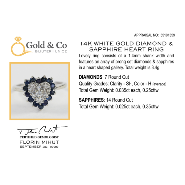 Inel cu Diamante & Inima de Safir din Aur Alb 14k