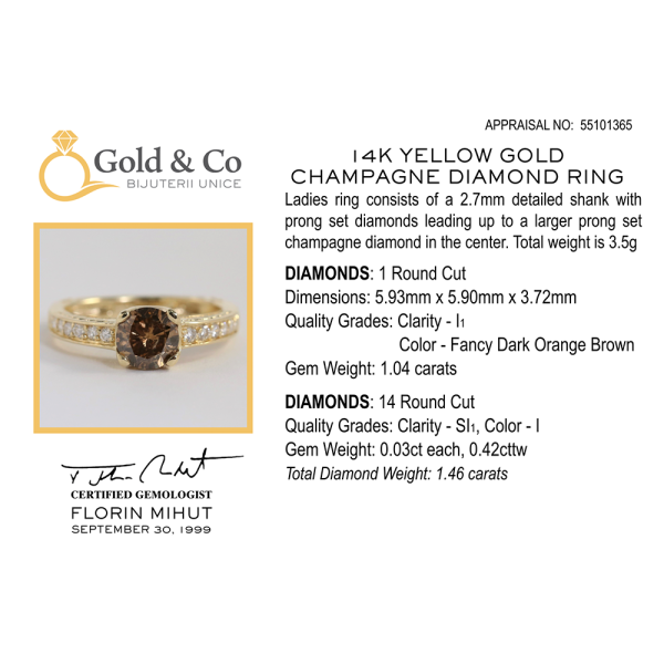 Inel cu Diamant Șampanie din Aur Galben 14k