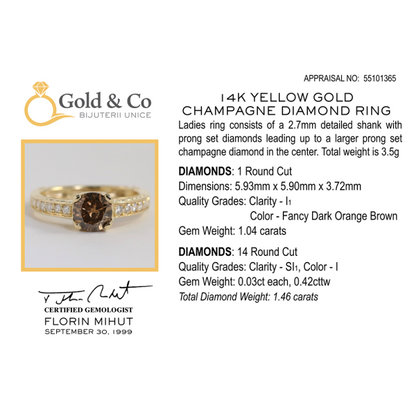 Inel cu Diamant Șampanie din Aur Galben 14k