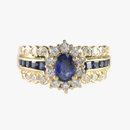 Inel cu Safire de Ceylon & Diamante din Aur Galben 14k