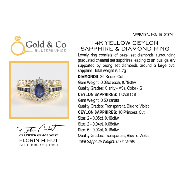 Inel cu Safire de Ceylon & Diamante din Aur Galben 14k