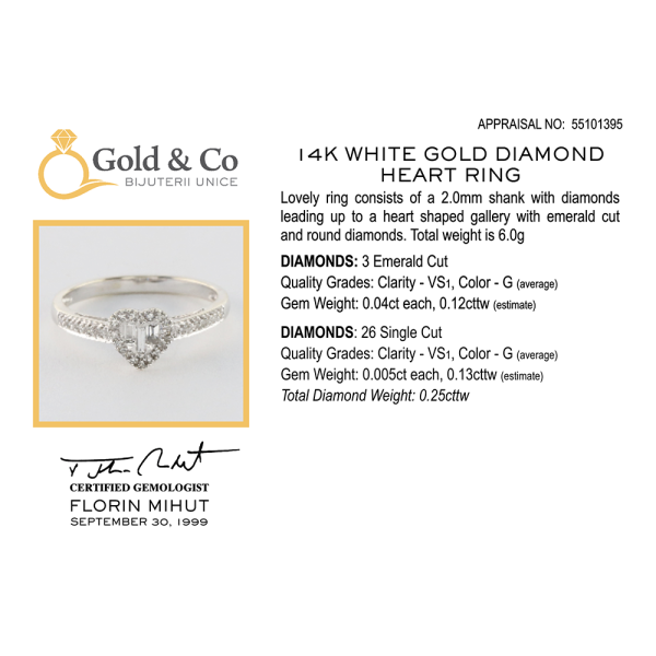 Inel Inimă Cu Diamante din Aur Alb 14k