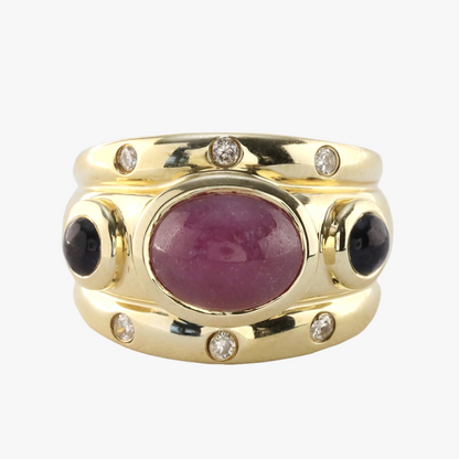 Inel Cu Rubin, Safire & Diamante din Aur Galben 14k