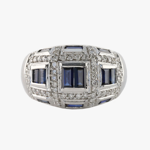 Inel Diamante & Safire din Aur Alb 14k