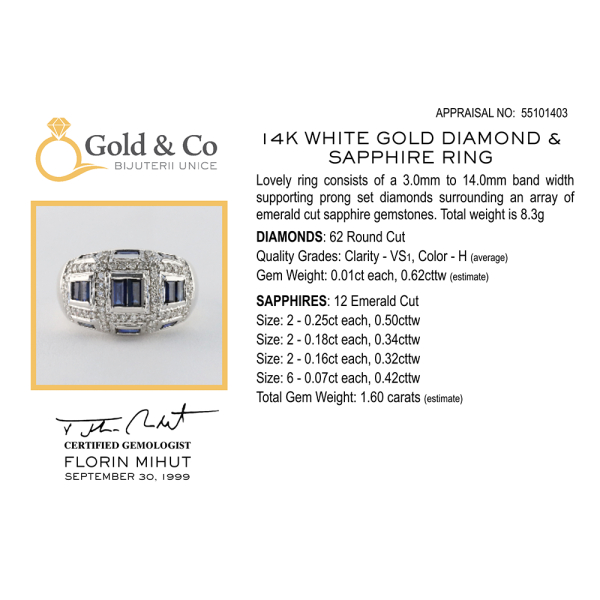 Inel Diamante & Safire din Aur Alb 14k