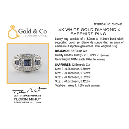 Inel Diamante & Safire din Aur Alb 14k