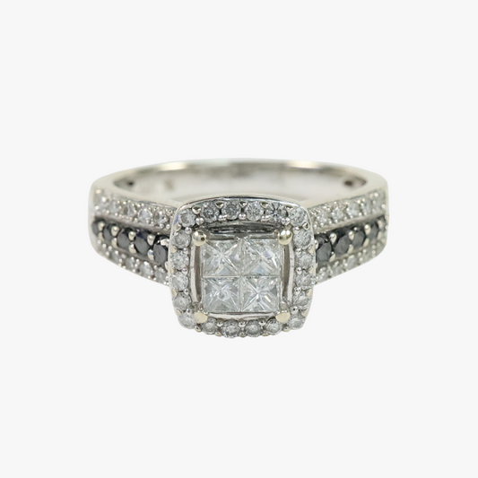 Inel cu Diamante Albe Si Negre din Aur Alb 14k