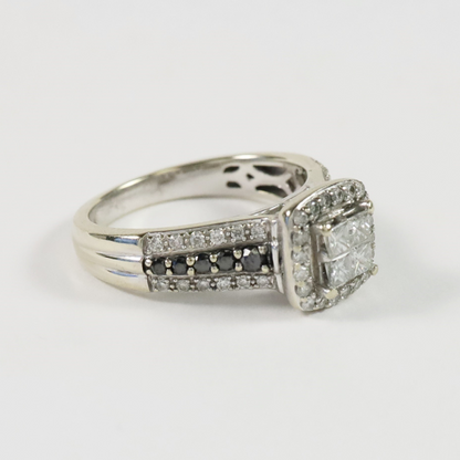 Inel cu Diamante Albe Si Negre din Aur Alb 14k