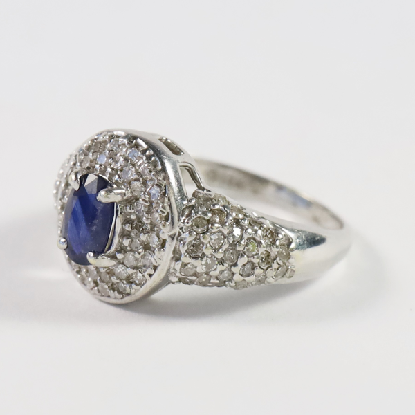 Inel Cu Diamante și Safir din Aur Alb 14k