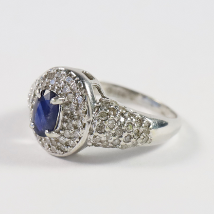 Inel Cu Diamante și Safir din Aur Alb 14k