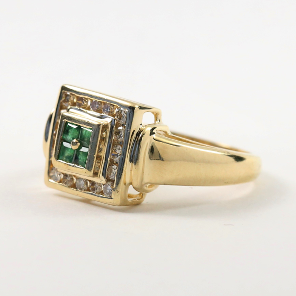 Inel Cu Diamante și Smarald din Aur Galben 14k