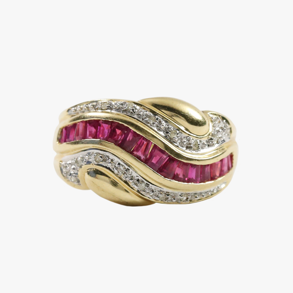 Inel Cu Diamante și Rubin din Aur Galben 14k