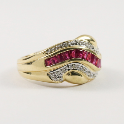 Inel Cu Diamante și Rubin din Aur Galben 14k